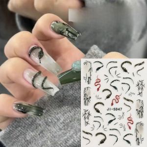 Chinese Style Nail Sticker Embossed Dark Green Three-Dimensional Simulated Snakes Ins Bamboo Leaf 5D Snake-Shaped Waterproof Nail Decals Decoration