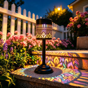 1Pc Black Mandala Solar Table Lamp IP44 Waterproof Metal LED Desk Light Warm Multicolor Portable Outdoor Decor Lamp