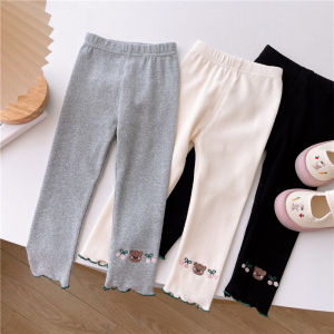 Spring Autumn Soft Kids Clothes Leggings for Girls Cute Bear Cherry Embroidery Scalloped Hem Baby Outerwear Pants