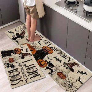 VIKAMA Halloween Kitchen Floor Mat Spooky Ghost Pumpkin Black Cat Bat Print Non‑Slip Rug for Holiday Home Indoor Decor