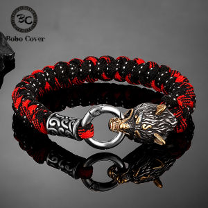 Retro Norse Odins Wolf Survival Bracelets Men Viking Geri&Freki Stainless Steel Paracord Rope Bangles Handmade Outdoor Jewelry