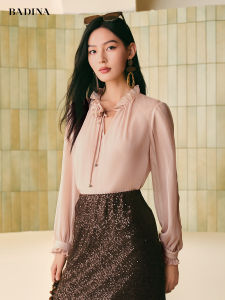 Elegant Pink Chiffon Top Womens Fashionable Autumn New Arrival Bridesmaids Shirt Straight Cut Lantern Sleeve V-Neck Polyester Fiber