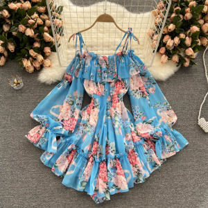 Vacation Style One Piece Dress Women Summer Shoulder Bared Bubble Sleeve Slim Short Length Chiffon Print Dress Pants Trendy