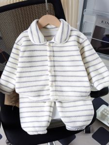 Thickened Flannel Pajamas Set Childrens Home Clothes for Boys And Girls Autumn Winter Warm Home Suit Casual Style Polyester Fiber