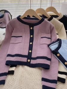 Loose Womens Knitted Open Cardigan round Neck Lace Shirt Color Block French Style Sweater Outerwear Purple Summer Autumn New Arrival