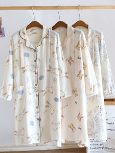 การนอนหลับคนท้อง กระโปรง แขนยาวบริสุทธิ์ ผ้าฝ้าย ผ้ากอซการพยาบาลหลังคลอด เดรส ผู้หญิง เสื้อผ้าบ้านสบาย สไตล์ลำลอง