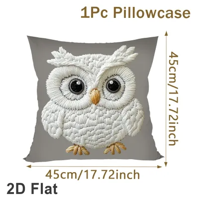 Cartoon White Owl Embroidery Cushion Cover 45*45cm Grey Base Peach Skin Pillowcase Home Sofa Bedroom Decor No Pillow Insert