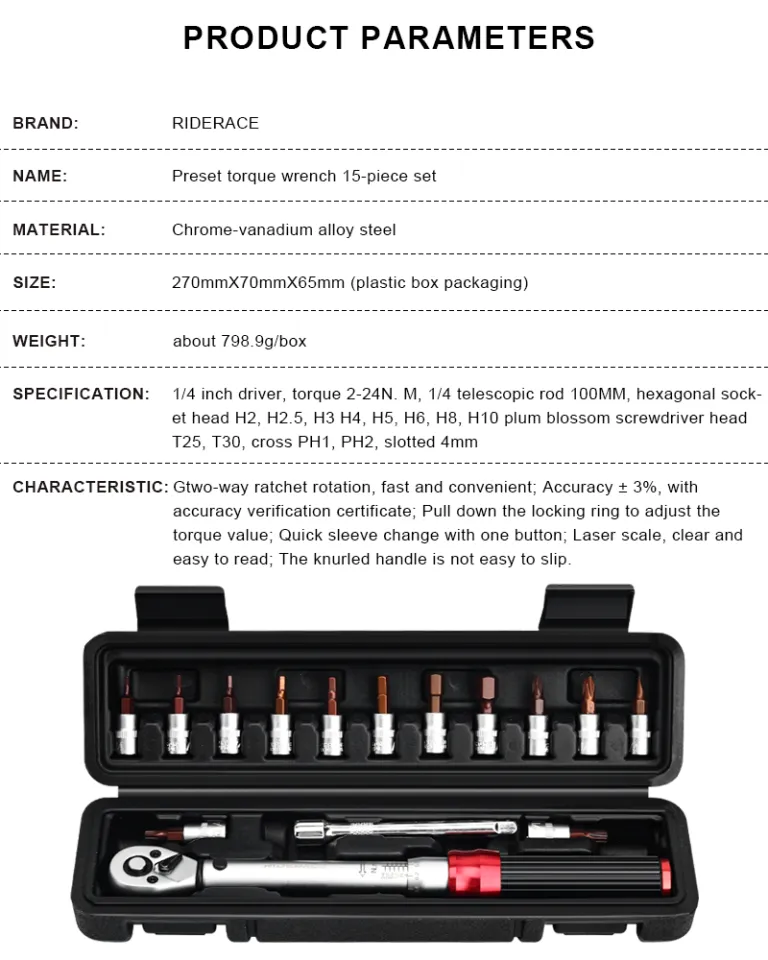 Bicycle Torque Wrench Set 15Pcs 1/4" 2-24Nm Dual Direction Bike
