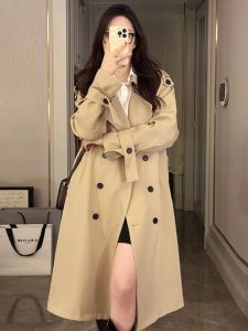 Knee-Length Womens Jacket Autumn New Style British Style Coat Polyester Fiber Long Sleeve Double Button Polo Collar Straight Cut