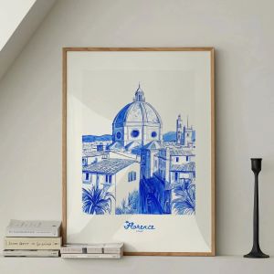 BILIBILI | City Travel Poster Retro Italy Print Navy Blue Trendy Wall Art Hand Drawn Sketch summer beach poster Home Decor Art