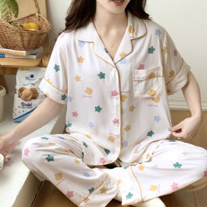 ชุดนอนผ้าไหมคอตตอนแขนสั้น กางเกงขายาว คาร์ดิแกน แขนกุด พิมพ์ลายหวาน ชุดอยู่บ้านบาง ช่วงฤดูร้อน ชุดนอนผู้หญิง