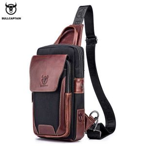 BULLCAPTAIN Men Chest Bag Head Layer Cowhide Mens Bag Casual Fashion Chest Belt Bag Popular Styles Business Shoulder Bag