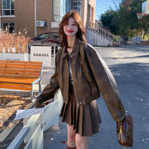 Retro Brown Short Leather Jacket Womens Spring Autumn 2025 Small Size Stand Collar PU Motorcycle Jacket Fashionable Commute Loose Fit