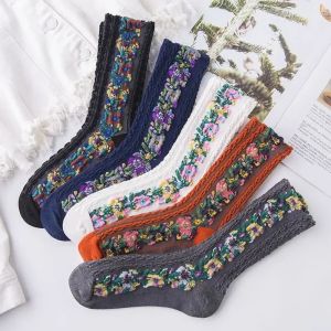 Womens Socks Pure Cotton Flower Embroidery Medium Tube Socks Retro 2024 Trend Ethnic Style Spring Summer