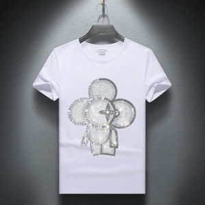 Summer 2025 Mens Slim Fit Short Sleeve T-Shirt Rhinestone Embellished Base Layer Half Sleeve Korean Style Trendy Youth Cotton Polyester