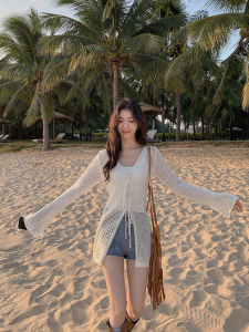 เสื้อคาร์ดิแกนถักแบบบาง แขนยาว ทรงหลวม สำหรับผู้หญิง ผ้าไหมน้ำแข็ง ทรงหลวม แขนยาว ฤดูร้อน 2025