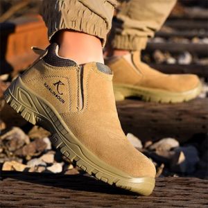 รองเท้าบูทหุ้มข้อแบบสวมสำหรับงานอุตสาหกรรมและก่อสร้าง รองเท้านิรภัยแบบยูนิเซ็กส์สำหรับทุกฤดูกาล พร้อมหัวเหล็ก หนังวัวสองชั้น ป้องกันความร้อนและการเจาะทะลุ พื้นยางสำหรับใช้งานกลางแจ้ง