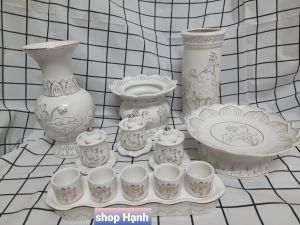 [Tặng kèm 1 cặp Tài Địa]_Combo thờ cúng Ông Địa Thần Tài bạch ngọc lư hứng tàn sen nổi viền vàng_Combo lớn như hình