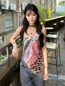 Slim Fit Leopard Print Scarf Tube Top Womens Sleeveless Shoulder Bared One-Shoulder Top Commute Style Summer Fashion