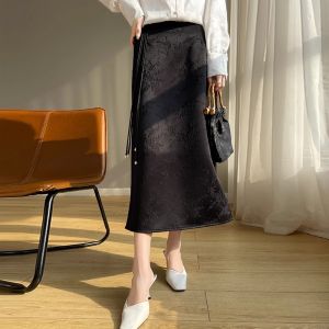 Silk Satin High Waist Midi Skirt Womens New Chinese Style Floral Print A-Line Half-length Summer Fashion Elegant Split Skirts