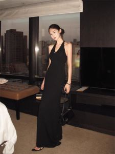 Elegant Black Strapless Long Dress Womens Summer Slimming Formal Dress Korean Style High Waist A-Line Skirt without Sleeve