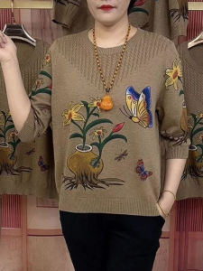 Áo Len Dệt Kim Tay Lửng in Họa Tiết Cổ Tròn Dáng Rộng Mùa Hè 2023 Cho Nữ Áo Chui Đầu in Hình Động Vật Phong Cách Hàn Quốc