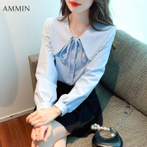 AMMIN Áo Voan Cổ Búp Bê Thiết Kế Cá Tính Thời Trang Phong Cách Hàn Quốc Cho Nữ Áo Voan Thắt Nơ Dài Tay Dáng Rộng Màu Trắng Mới Mùa Thu