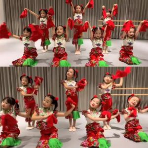 Quần Áo Biểu Diễn Dân Ca Đông Bắc Hoa Tay Quần Áo Biểu Diễn Khiêu Vũ Trang Phục Trẻ Em Quần Áo Biểu Diễn Mở Màn Đỏ