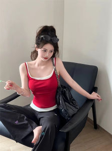 Hong Kong Style Retro Red Hot Girl Fake Two-Piece Bustier Womens Sling Tank Top for Interior and Exterior Wear