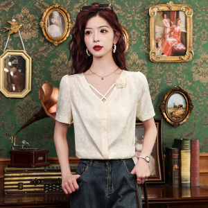 MAIMEI | French Vintage Short Sleeve Shirt Women Elegant Design Sense Fashionable Top Age Reduction Korean Style Loose Fit V-neck Pure Color