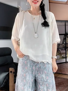 QINGNAER | Lace Border Spliced Short Sleeve Shirt