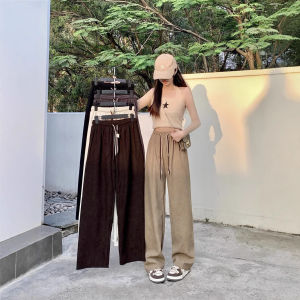 High Waist Corduroy Wide Leg Pants Womens Autumn Double Drawstring Belt Casual Straight Cut Pants Lengthening Leg Effect