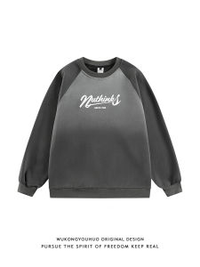 WUKONGYOUHUO | Retro Shoulder American Vintage Round Neck Gradation Letter Print Long Sleeve Mens Hoodie
