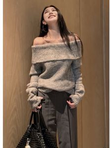 BINKAFENNY | Gray One-Shoulder Loose Knitted Sweater Womens Early Autumn Korean Style Casual Long Sleeve Top Shoulder Bared Comfortable Fit