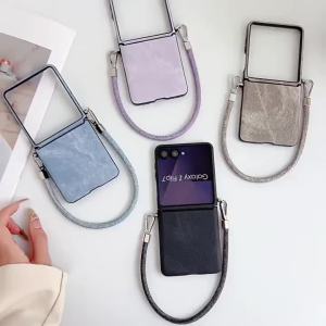 Denim Texture Phone Case For Samsung Galaxy Z Flip 8 7 6 5 4 Detachable Hand Wrist Strap Hinge Full Protection Shockproof Cover