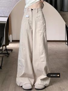 plus Size Brown Denim Workwear Pants Womens Autumn Winter Loose Straight Leg Casual Trousers Drapey Wide Leg Cargo Jeans