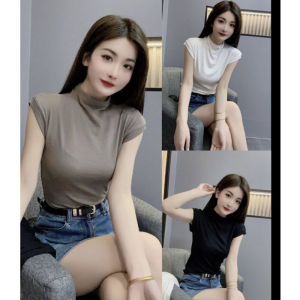 Slimming Short Sleeve T-Shirt Womens Summer 2023 New Style Half High Collar Base Shirt Short Length Top Pure Desirable Hot Girl White