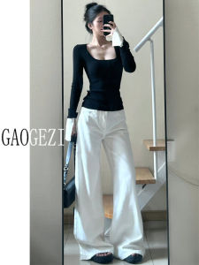 ขยายสูง เอว ขากว้างตัดตรง หลวม Fit พรางหุ่น เดนิม กางเกงยีนส์ สําหรับผู้หญิงสูงกว่า ฤดูใบไม้ร่วง Season สบาย Drape กางเกง