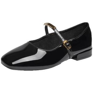 Josiny | French Mary Jane Women Shoes Red Round Toe Low Cut Leather Shoe with Thick Heel