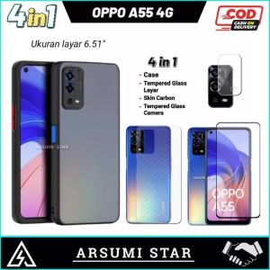 PROMO PAKET MURAH 4 IN 1 CASE OPPO A55 4G HARD CASE AERO + FREE TG ANTI GORES ANTI BLUE-LIGHT + SKIN CAMERA + SKIN CARBON HARD CASE AERO