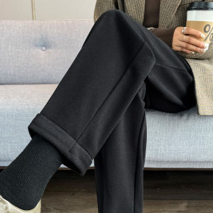 กางเกงขายาวทรงตรงสีเข้มสไตล์ฮาราจูกุสำหรับฤดูใบไม้ร่วงและฤดูหนาว กางเกงขายาวทรงลำลองสำหรับผู้หญิง บุขนแกะ หนาขึ้น หัวเข็มขัดแบบซิป กระดุม