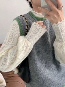 เสื้อเชิ้ตคอปกสูงครึ่งตัวแขนยาวผ้าลูกไม้เซ็กซี่สไตล์เกาหลีสำหรับผู้หญิงในฤดูใบไม้ผลิและฤดูใบไม้ร่วง เสื้อสเวตเตอร์ถักแบบมีรูร้อยปุ่ม