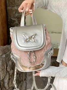 Tas Ransel Rantai Y2K Perak Lucu Tas Sekolah Wanita Import Backpack Korea Busur Gaya Balet