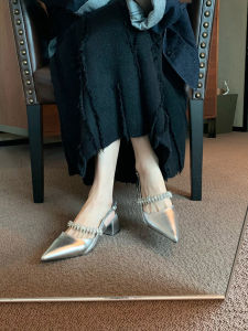 Silver Leather Sandals Womens Summer Outdoor Fashion High-End Sense Toe Cover Thick Heel Rhinestone Pointed Toe High-End Versatile Single Shoes