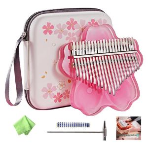 17/21 คีย์ Kalimba เปียโนอะคริลิคสีชมพูโปร่งใส Cherry Blossom Shape แบบพกพาเหมาะสําหรับผู้เริ่มต้นพร้อมกล่องเก็บ EVA