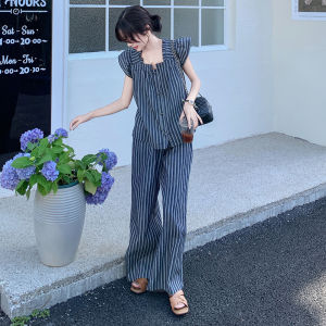 ทันสมัย ชุดลายทางผู้หญิง ฤดูร้อน แขนกุด เสื้อท่อนบน ขากว้าง กางเกง เรียบหรู พรางหุ่น สองชิ้น ชุดสูท Cici Lady Brand