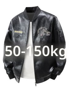 เสื้อแจ็คเก็ตหนังชาย ทรงหลวม คอโปโล ปักลาย ฤดูใบไม้ร่วง/ฤดูหนาว แฟชั่น ไซส์ใหญ่ แจ็คเก็ตมอเตอร์ไซค์ แจ็คเก็ตหนัง PU สำหรับผู้ชาย