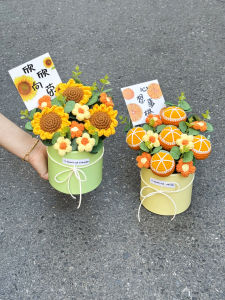 Creative Knitted Fruit Sunflower Hug Bucket Flower Bouquet Home Decoration Gift for Girlfriend Best Friend Birthday