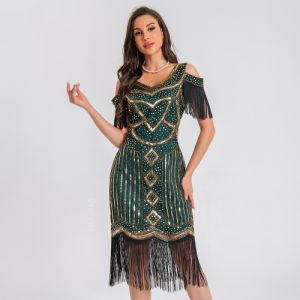 Retro Evening Gown Sequin Tassel Dress Dance Dress Party Beaded Tassel Dress Stage Performance Dress