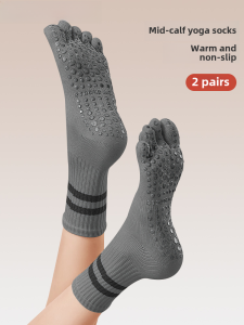 Non-Slip Yoga Socks Professional Adult Womens Mid-Calf Fitness Pilates Separate Toe Five-Finger Cotton Sportswear Socks